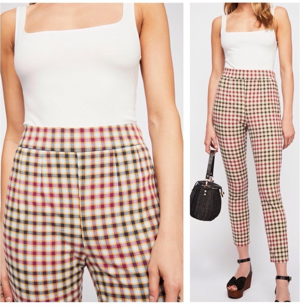 Free People Ella Kick Skinny Plaid Pull On Side Zip Pants Sz 28 Preppy Clueless - Picture 2 of 9